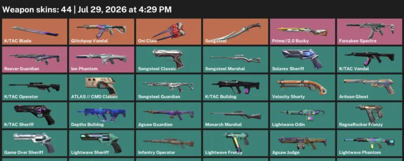 Valorant Accounts listing: LVL 184 · K/TAC Blade · 44 Skins - Gold 1, 44 skins