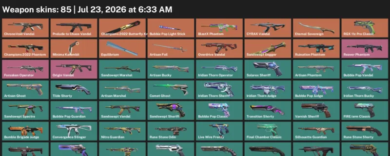 Valorant Accounts listing: LVL 273 · Champions 2022 Butterfly Knife & Minima Karambit · 85 Skins - Gold 2, 85 skins