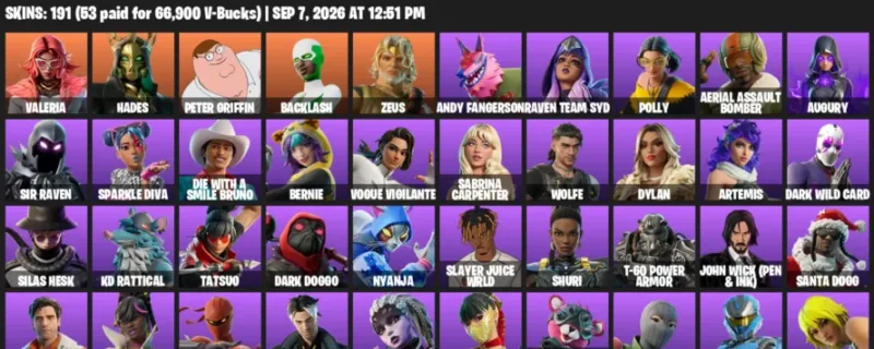 Fortnite account inventory for LVL 2528 - Valeria - Hades - 191 Outfits