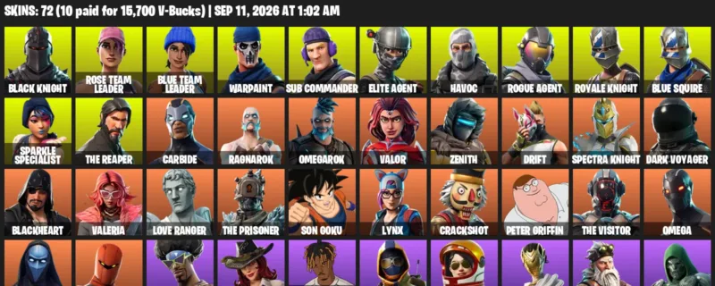 Fortnite account inventory for LVL 1016 - Black Knight - Rose Team Leader - 72 Outfits