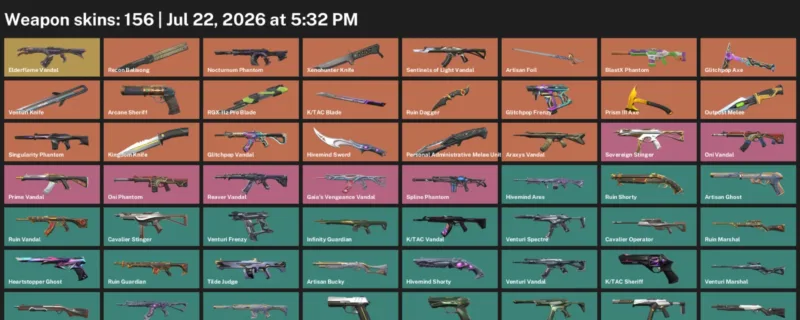 Valorant Accounts listing: LVL 274 · Hivemind Sword & K/TAC Blade · 156 Skins - Gold 1, 156 skins