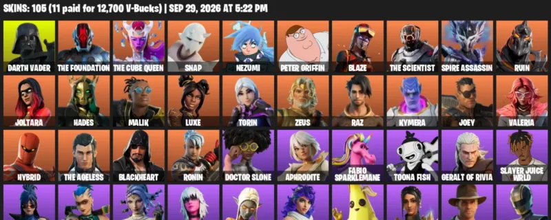 Fortnite account inventory for Darth Vader - The Foundation - 105 Outfits