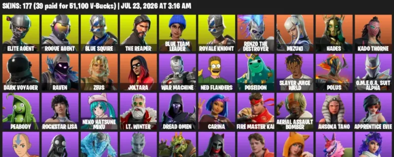 Fortnite Accounts listing: LVL 2840 - Elite Agent - Rogue Agent - 177 Outfits - 177 outfits