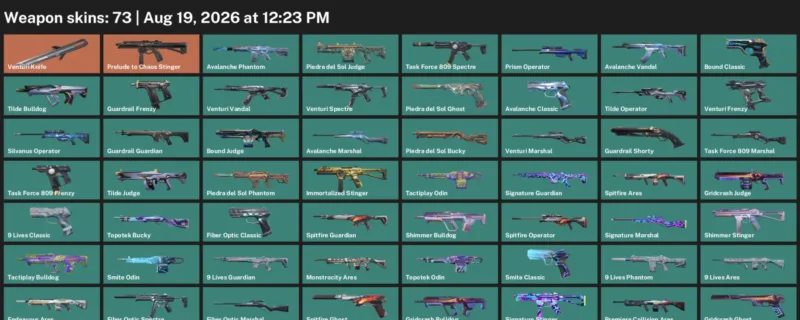 Valorant account inventory for LVL 80 · Venturi Knife & 9 Lives Phantom
