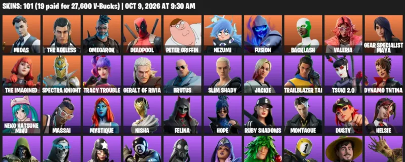 Fortnite account inventory for Midas - The Ageless - 101 Outfits