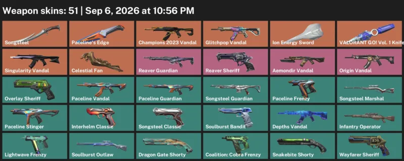 Valorant account inventory for LVL 253 · Champions 2023 Vandal & Celestial Fan & Ion Energy Sword