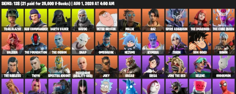 Fortnite account inventory for LVL 3078 - Trailblazer - Sub Commander - 128 Outfits