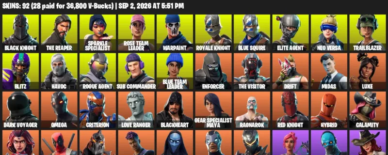 Fortnite account inventory for LVL 999 - Black Knight - The Reaper - 92 Outfits