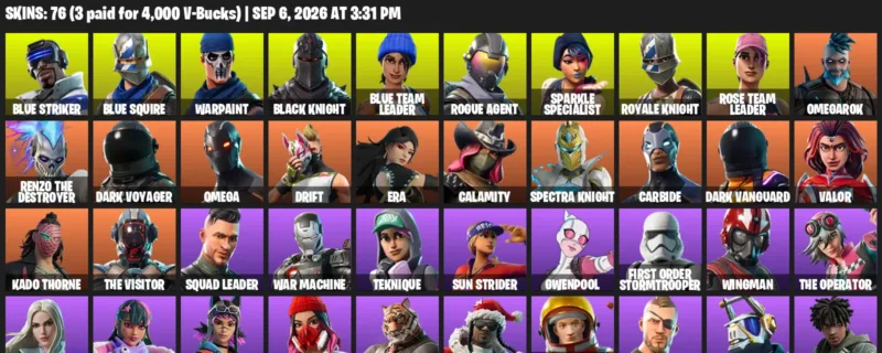 Fortnite account inventory for LVL 943 - Blue Striker - Blue Squire - 76 Outfits