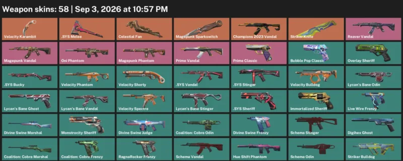 Valorant account inventory for LVL 176 · Velocity Karambit & Striker Knife
