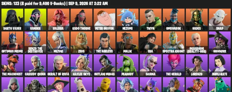 Fortnite account inventory for LVL 2774 - Darth Vader - Xander - 123 Outfits