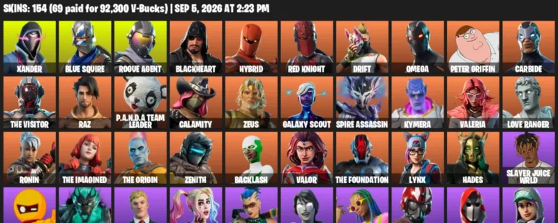 Fortnite account inventory for LVL 2238 - Xander - Blue Squire - 154 Outfits