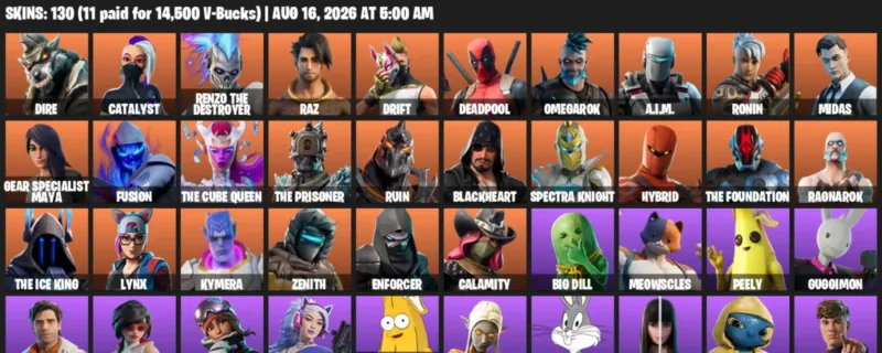 Fortnite account inventory for LVL 2062 - Dire - Catalyst - 130 Outfits