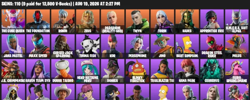 Fortnite account inventory for LVL 949 - The Cube Queen - The Foundation - 110 Outfits