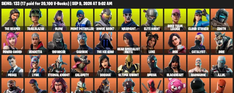 Fortnite account inventory for LVL 1789 - The Reaper - Trailblazer - 133 Outfits