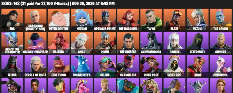 Fortnite account inventory for LVL 1376 - Era - Paradigm (Reality-659) - 148 Outfits