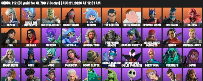 Fortnite account inventory for LVL 1162 - Mizuki - Renzo the Destroyer - 112 Outfits