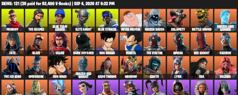 Fortnite account inventory for LVL 1787 - Prodigy - The Reaper - 131 Outfits