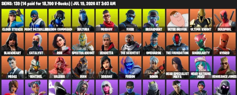 Fortnite Accounts listing: LVL 1441 - Cloud Striker - Point Patroller - 139 Outfits - 139 outfits