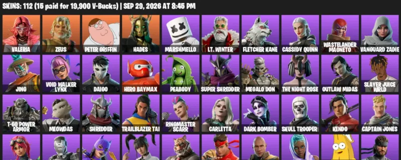 Fortnite account inventory for Valeria - Zeus - 112 Outfits