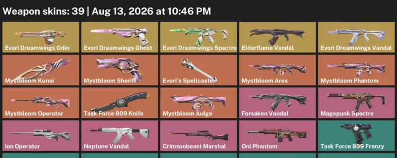 Valorant account inventory for LVL 190 · Elderflame Vandal & Task Force 809 Knife