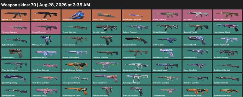 Valorant account inventory for LVL 120 · Bubble Pop Vandal & Bulletbox Bucky