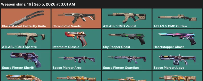 Valorant account inventory for LVL 82 · ChronoVoid Vandal & Black.Market Butterfly Knife