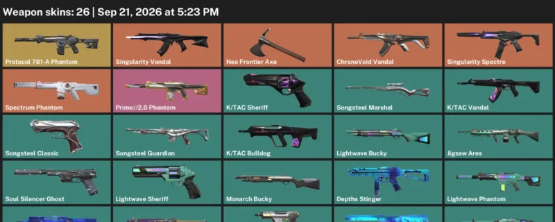 Valorant account inventory for LVL 66 · 26 Skins ChronoVoid Vandal & ChronoVoid Vandal & Depths Bulldog