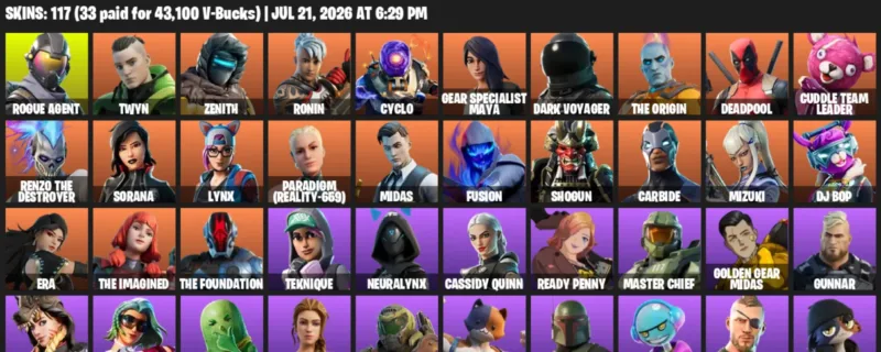 Fortnite Accounts listing: LVL 984 - Rogue Agent - Twyn - 117 Outfits - 117 outfits