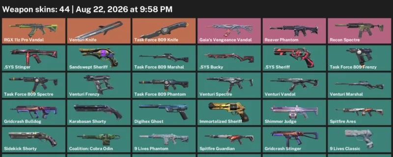 Valorant account inventory for LVL 162 · Venturi Knife & 44 Skins Task Force 809 Knife