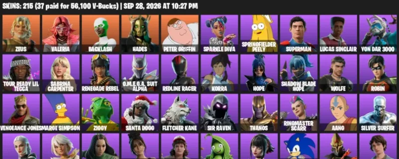Fortnite account inventory for Zeus - Valeria - 120 Outfits