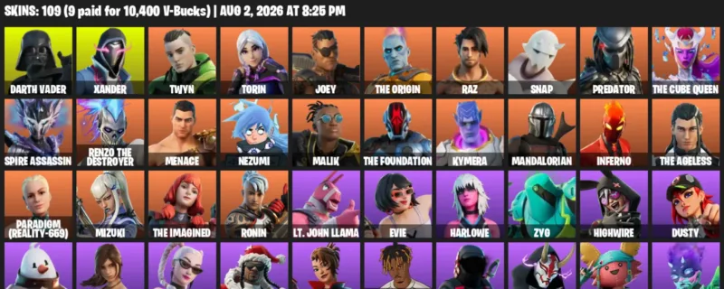 Fortnite account inventory for LVL 2523 - Darth Vader - Xander - 109 Outfits