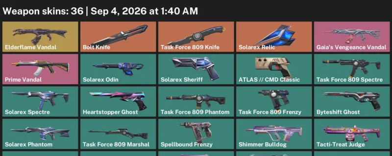Valorant account inventory for LVL 163 · Elderflame Vandal & 36 Skins Bolt Knife