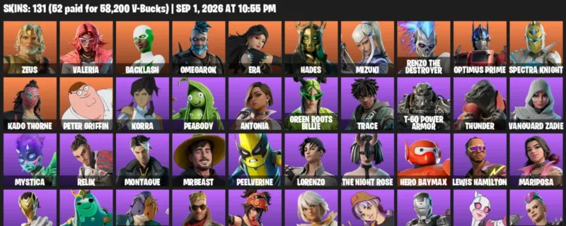 Fortnite account inventory for LVL 2958 - Zeus - Valeria - 131 Outfits
