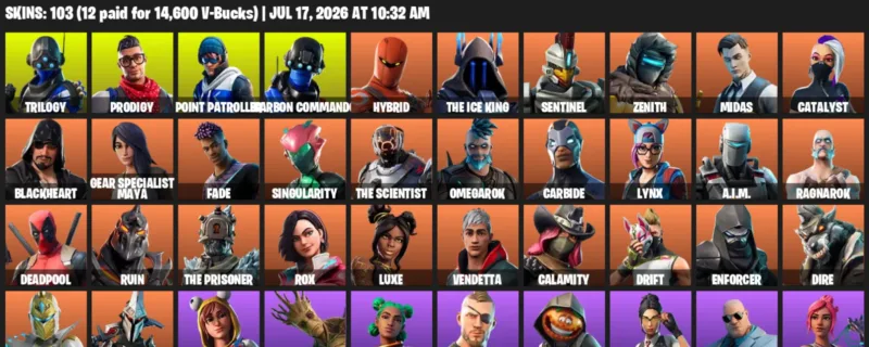 Fortnite Accounts listing: LVL 1343 - Trilogy - Prodigy - 103 Outfits - 103 outfits