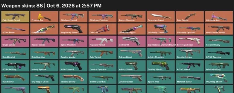 Valorant account inventory for LVL 267 · Glitchpop Dagger & K & 88 Skins Glitchpop Dagger