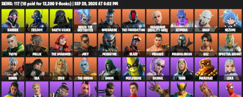 Fortnite account inventory for Xander - Trilogy - 117 Outfits
