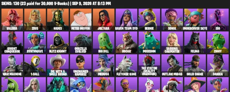 Fortnite account inventory for LVL 1707 - Valeria - Zeus - 130 Outfits