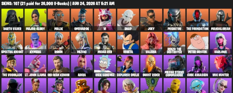 Fortnite account inventory for LVL 1608 - Darth Vader - Major Glory - 107 Outfits
