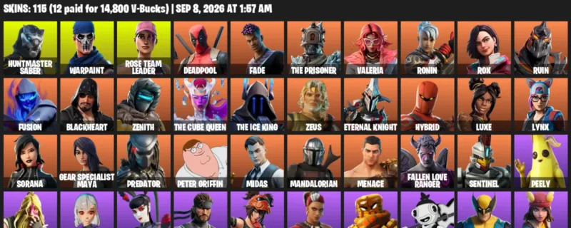 Fortnite account inventory for LVL 1830 - Huntmaster Saber - Warpaint - 115 Outfits