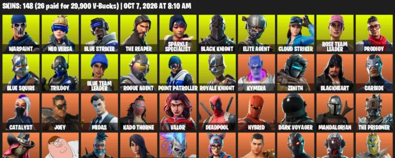 Fortnite account inventory for Warpaint - Neo Versa - 120 Outfits