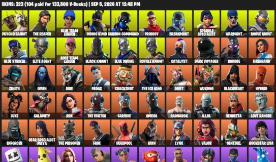 Fortnite account inventory for LVL 2349 - Psycho Bandit - The Reaper - 323 Outfits
