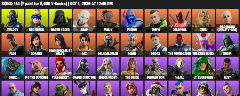 Fortnite account inventory for Trilogy - Neo Versa - 114 Outfits