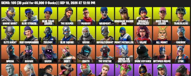 Fortnite account inventory for LVL 1075 - Rogue Agent - Blue Striker - 105 Outfits