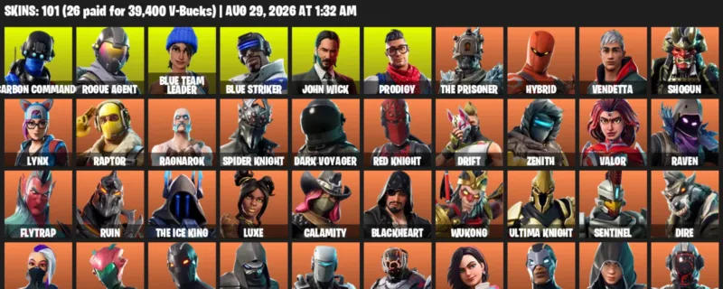 Fortnite account inventory for LVL 825 - Carbon Commando - Rogue Agent - 101 Outfits
