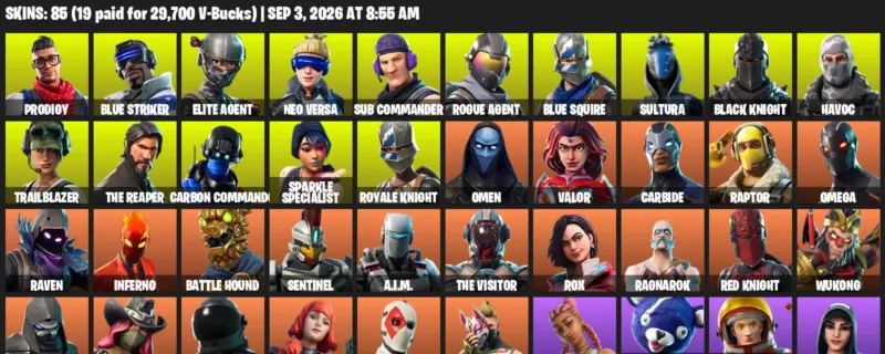 Fortnite account inventory for LVL 1258 - Prodigy - Blue Striker - 85 Outfits