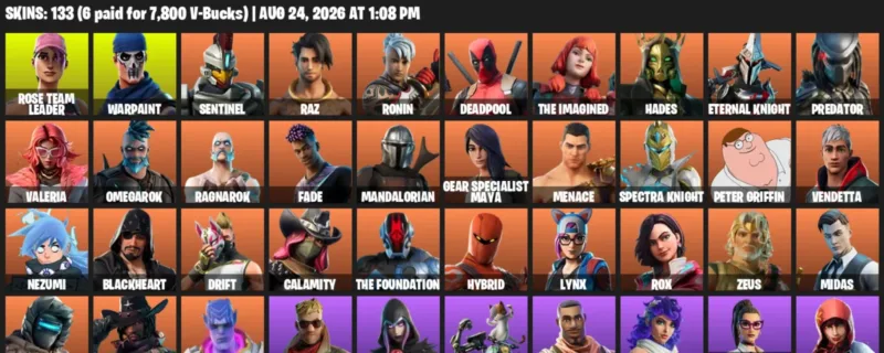 Fortnite account inventory for LVL 1563 - Rose Team Leader - Warpaint - 133 Outfits