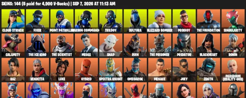 Fortnite account inventory for LVL 1858 - Cloud Striker - Fixer - 144 Outfits