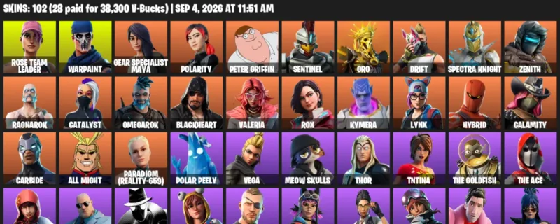 Fortnite account inventory for LVL 885 - Rose Team Leader - Warpaint - 102 Outfits