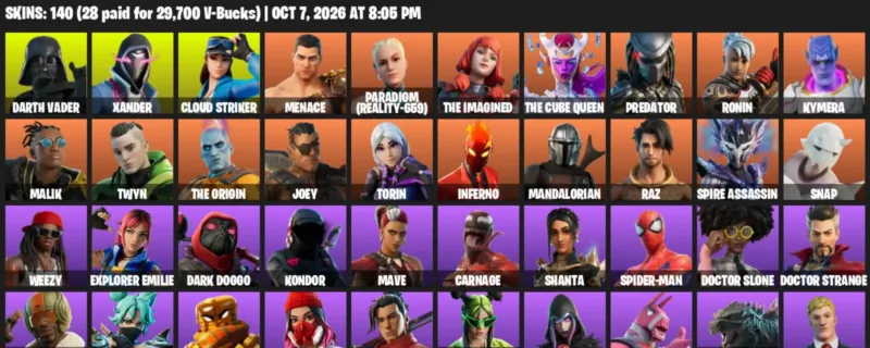 Fortnite account inventory for Darth Vader - Xander - 120 Outfits